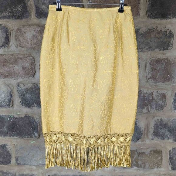 𝅺lafayette 148 Gold Brocade Fringe Silk Skirt Woman's Size 6 Knee‎ Length - Picture 2 of 14